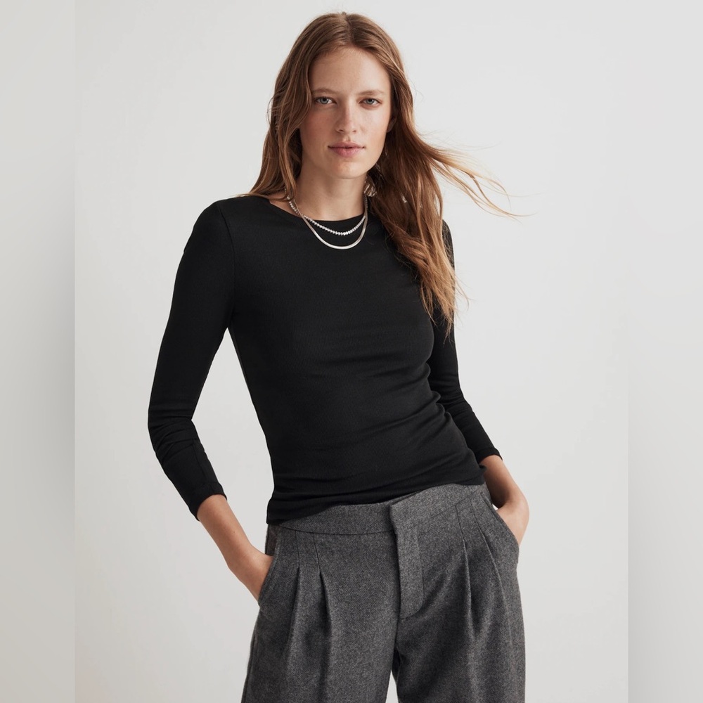 Madewell Brightside Finerib Crewneck Long-Sleeve Tee in Black size L